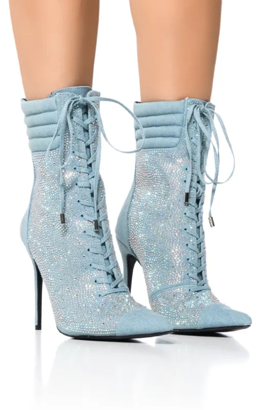 AZALEA WANG FIREFLAME EMBELLISHED BOOTIE IN DENIM sold by AKIRA