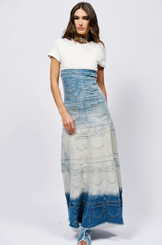 DENIM ON DENIM LAYERED MAXI DRESS sold by AKIRA