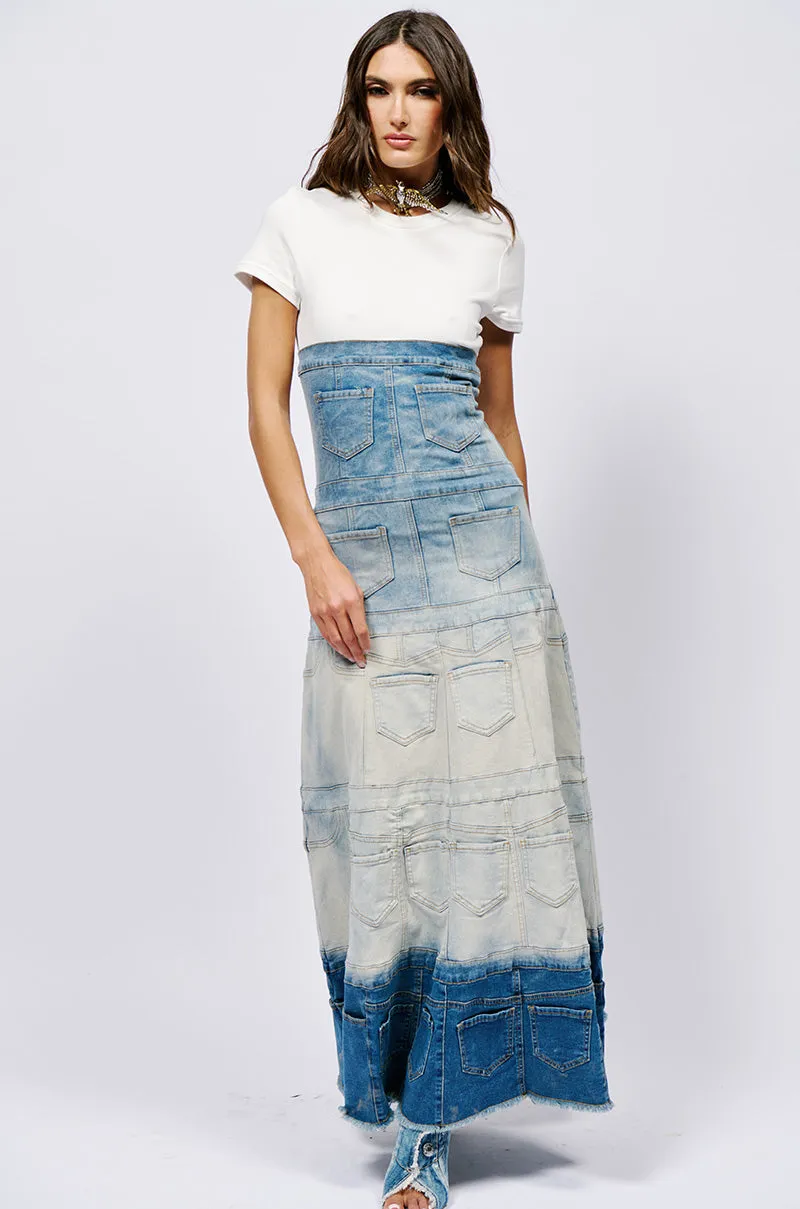 DENIM ON DENIM LAYERED MAXI DRESS sold by AKIRA