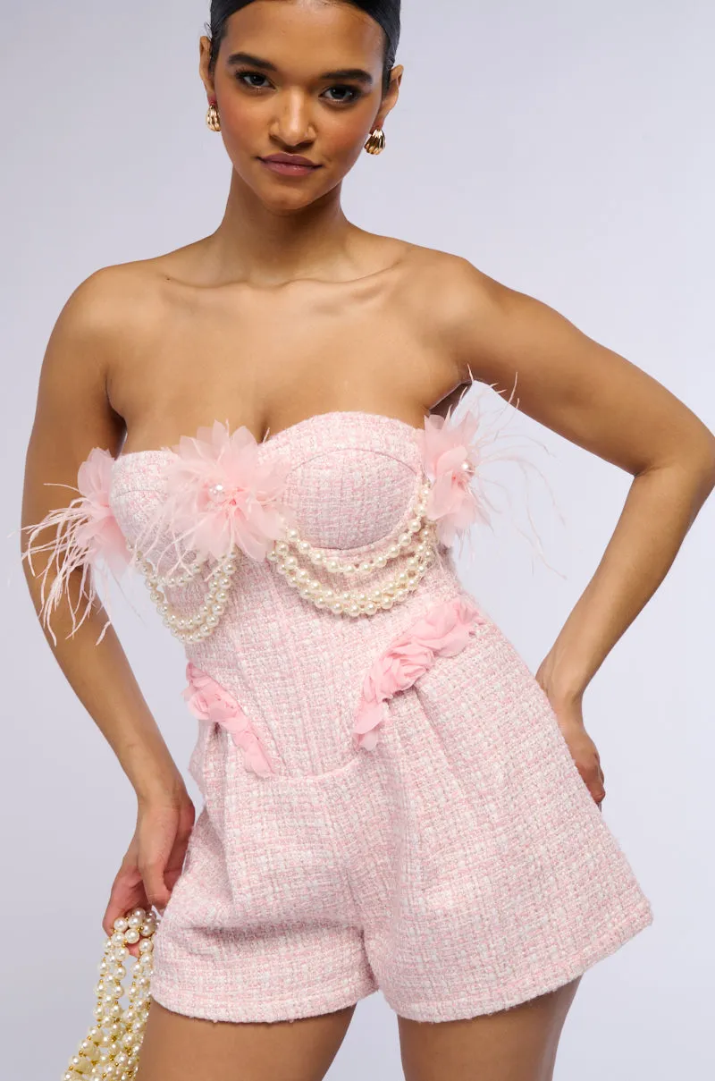 PRETTY IN PINK TWEED ROMPER sold by AKIRA
