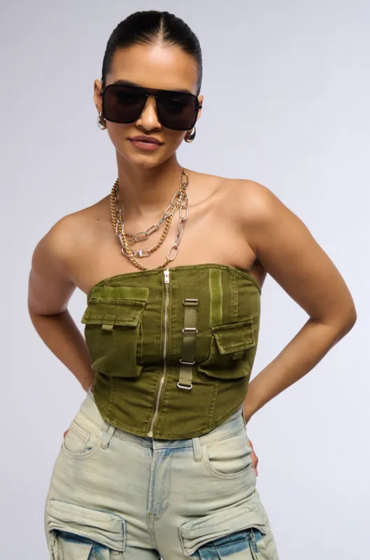 APPLY PRESSURE MINERAL WASH DENIM CORSET TOP sold by AKIRA