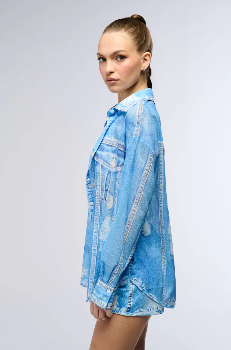 PRINTED DENIM LONG SLEEVE BUTTON DOWN SHIRT sold by AKIRA product image thumbnail 5
