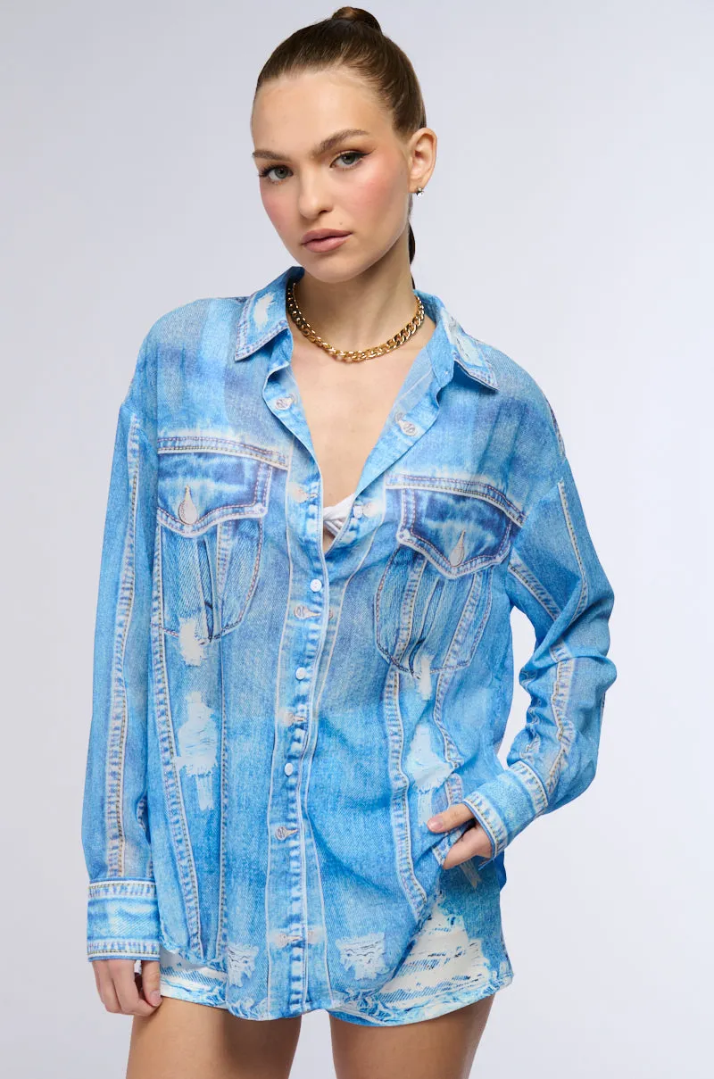 PRINTED DENIM LONG SLEEVE BUTTON DOWN SHIRT sold by AKIRA product image thumbnail 2
