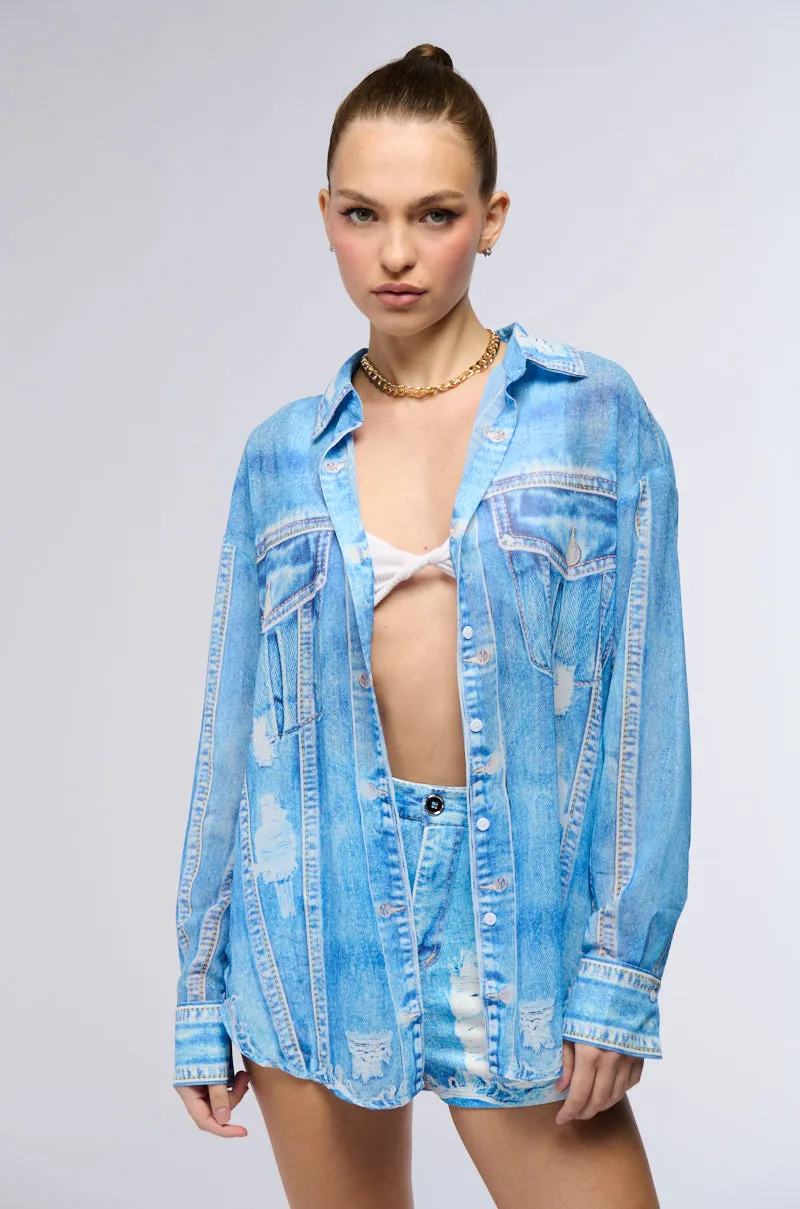 PRINTED DENIM LONG SLEEVE BUTTON DOWN SHIRT sold by AKIRA product image thumbnail 3