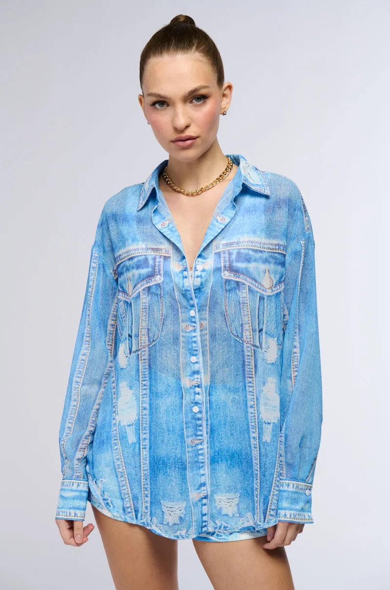PRINTED DENIM LONG SLEEVE BUTTON DOWN SHIRT sold by AKIRA product image thumbnail 4