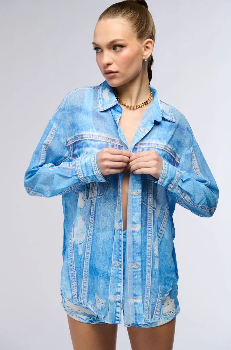 PRINTED DENIM LONG SLEEVE BUTTON DOWN SHIRT sold by AKIRA