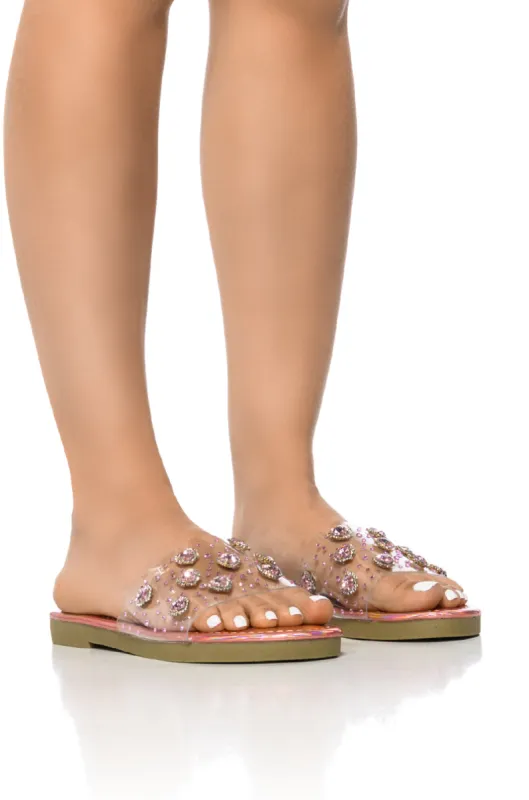 QUEEN OF HEARTS PINK HOLOGRAPHIC EMBELLISHED FLAT SLIDE sold by AKIRA