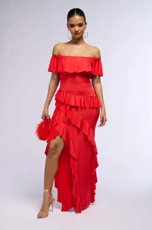 NOT THE EMOJI RUFFLE MAXI DRESS sold by AKIRA