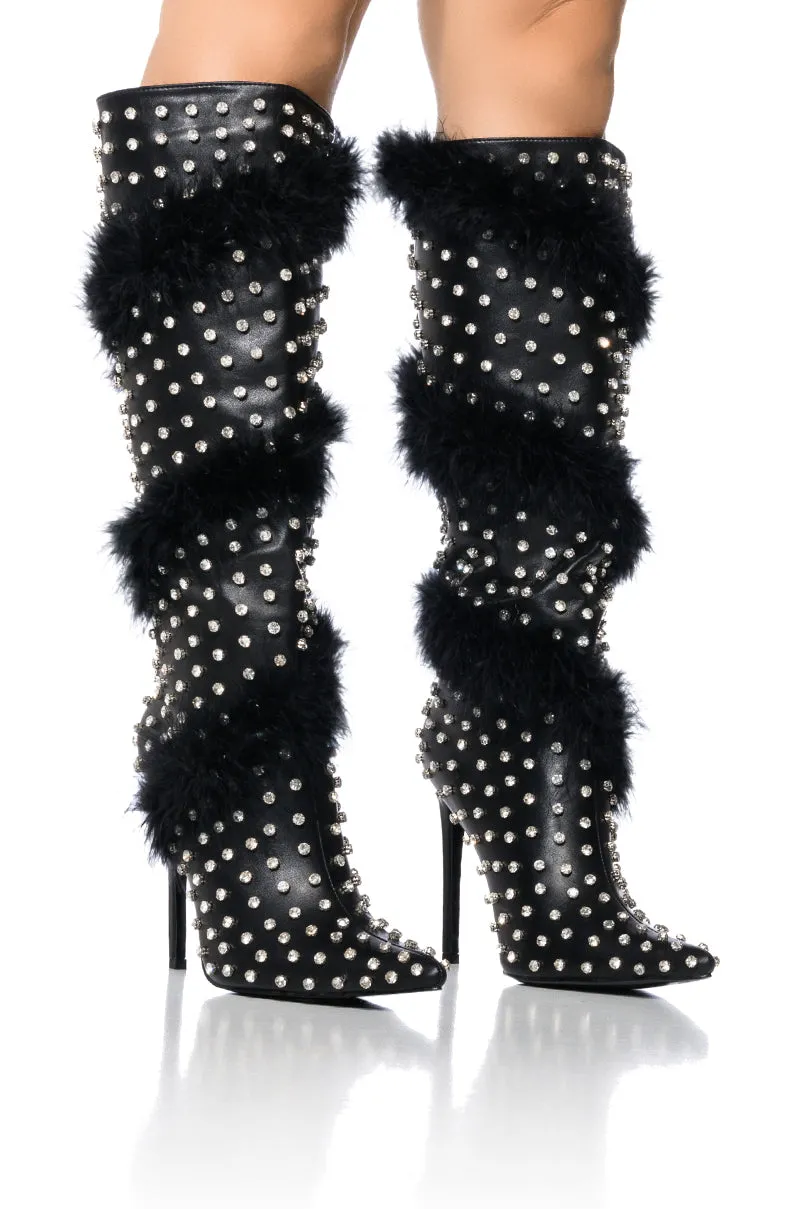 AZALEA WANG GARDENIA FEATHER EMBELLISHED BOOT IN BLACK sold by AKIRA