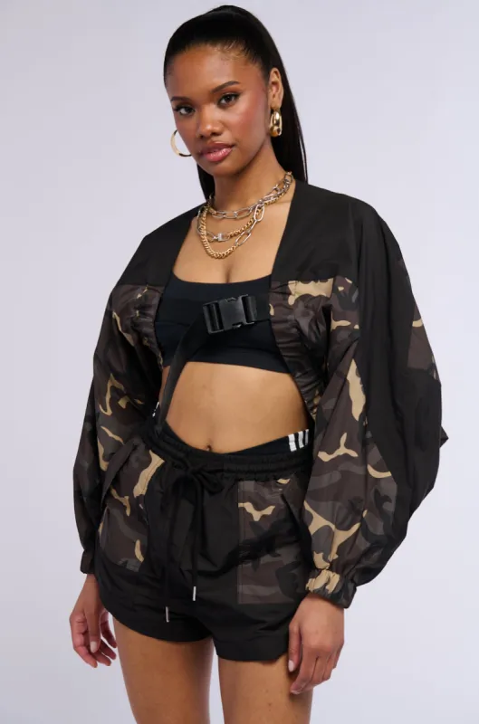 BAD HABITS CAMO BOMBER BOLERO sold by AKIRA