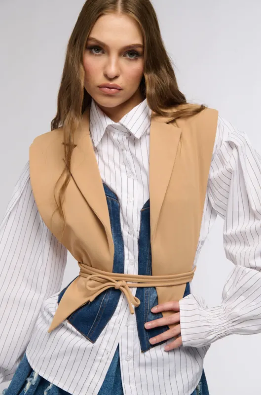 WORKING WOMAN SIDE TIE BLAZER VEST IN TAN sold by AKIRA