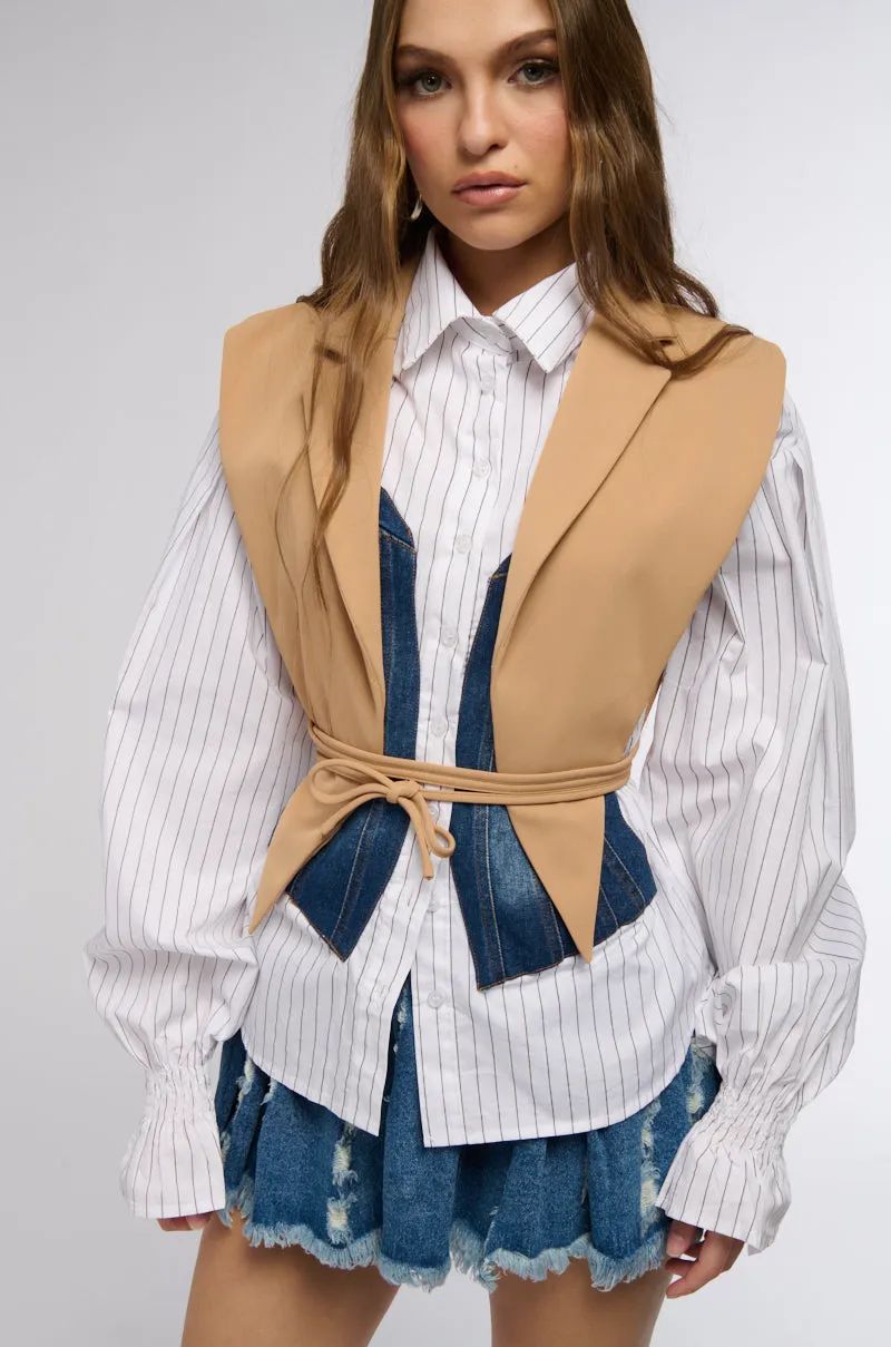 WORKING WOMAN SIDE TIE BLAZER VEST IN TAN sold by AKIRA product image thumbnail 2