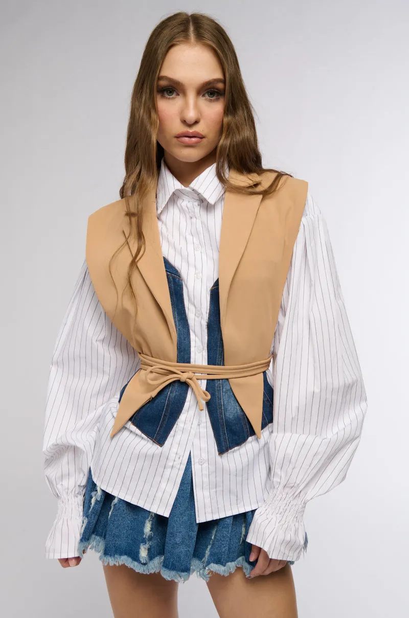 WORKING WOMAN SIDE TIE BLAZER VEST IN TAN sold by AKIRA product image thumbnail 3