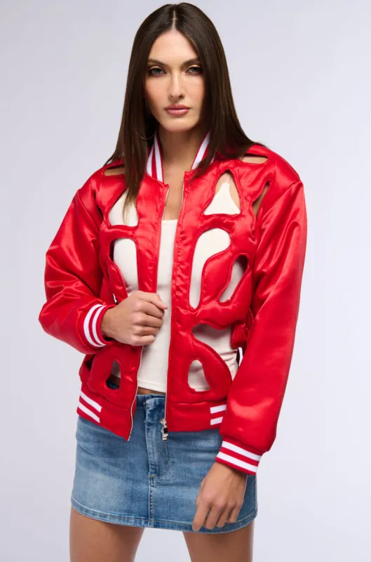 LOOK MY WAY CUT OUT SATIN BOMBER sold by AKIRA