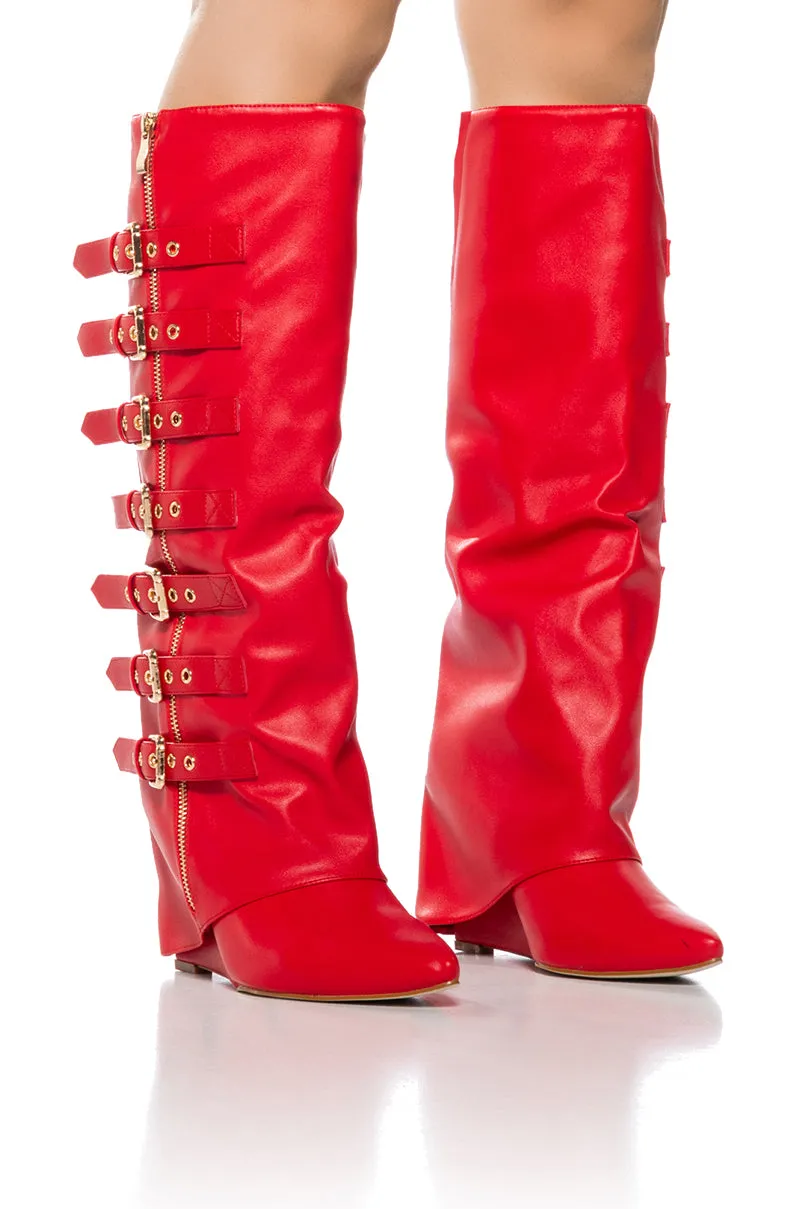 AZALEA WANG RISNA RED BUCKLE DETAIL BOOT sold by AKIRA