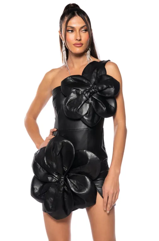 GEMMA FLORAL DETAIL FAUX LEATHER ONE SHOULDER MINI DRESS sold by AKIRA