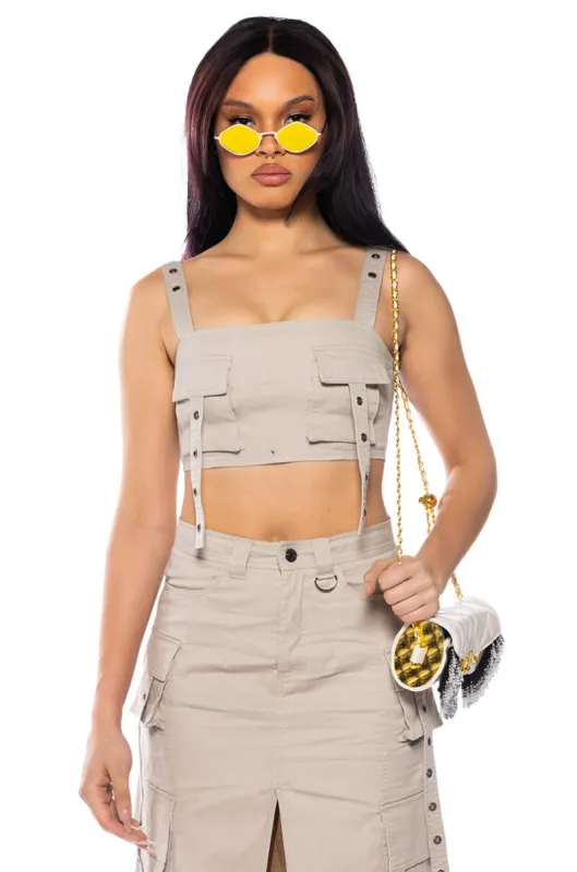 DOWN FOR ANYTHING CARGO CROP TOP sold by AKIRA