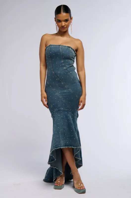 MY OWN MUSE HIGH LOW RHINESTONE DENIM MIDI DRESS made by AKIRA