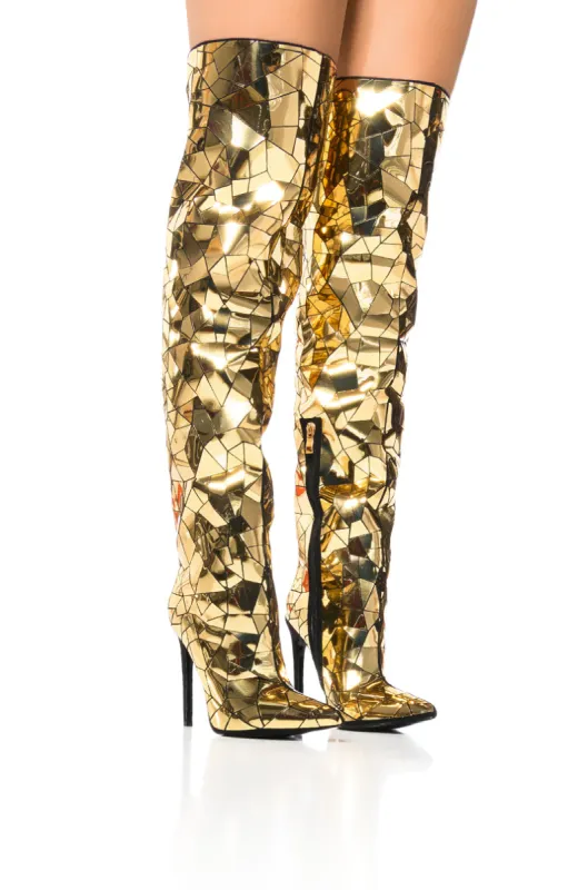 AZALEA WANG SHATTERED METALLIC STILETTO BOOT IN GOLD sold by AKIRA
