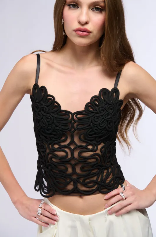 ORNAMENTAL FLOWER APPLIQUE MESH EFFECT TANK sold by AKIRA