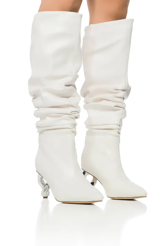 AZALEA WANG ROSIER WHITE BOOT WITH NOVELTY SILVER HEEL sold by AKIRA