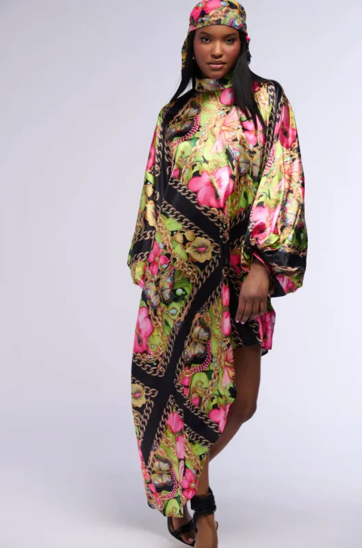 TROPICAL VACATION PRINT SATIN MAXI DRESS IN GREEN MULTI sold by AKIRA