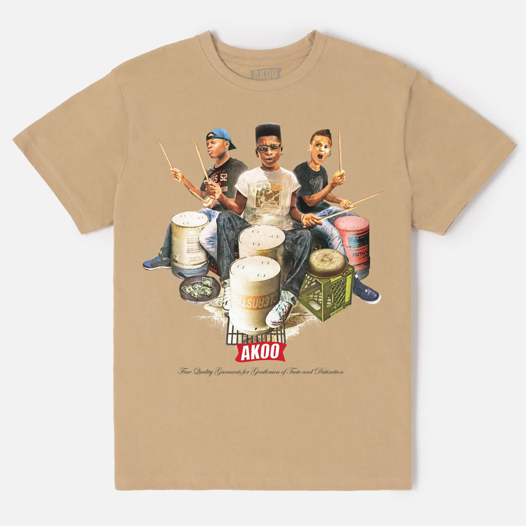Three Drummers SS Tee (Sand) sold by Akoo