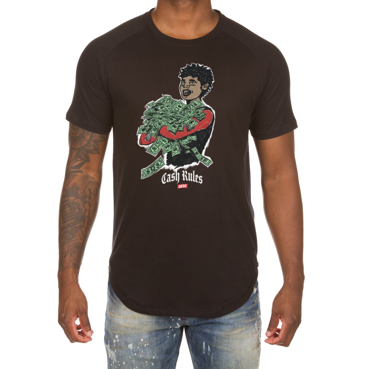 Akoo Mens Cash Rules Scoop Btm Tee (Black) sold by Akoo