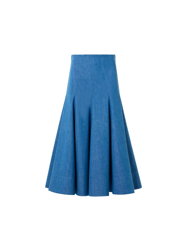 Diagonal Godet Cotton Stretch Denim Midi Skirt made by Akris