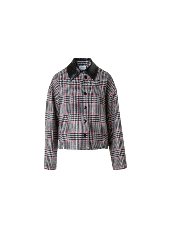 Glencheck Tweed Jacket with Faux Leather Collar sold by Akris