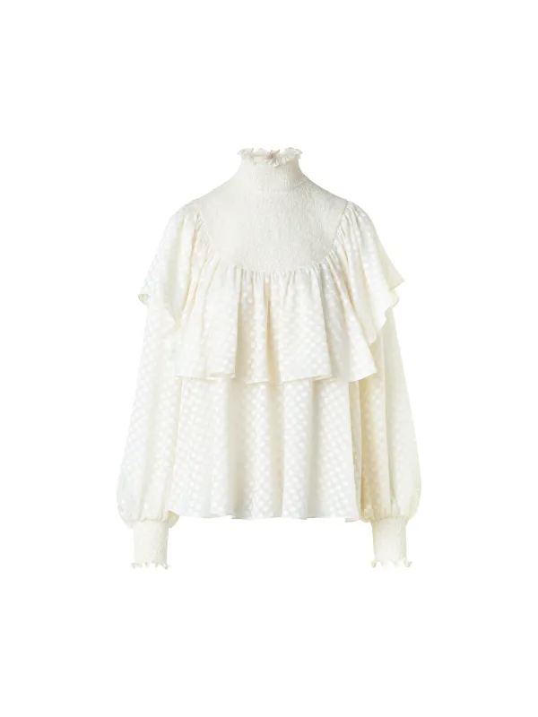 Boho Smocked Flounce Shoulder Dotted Blouse sold by Akris