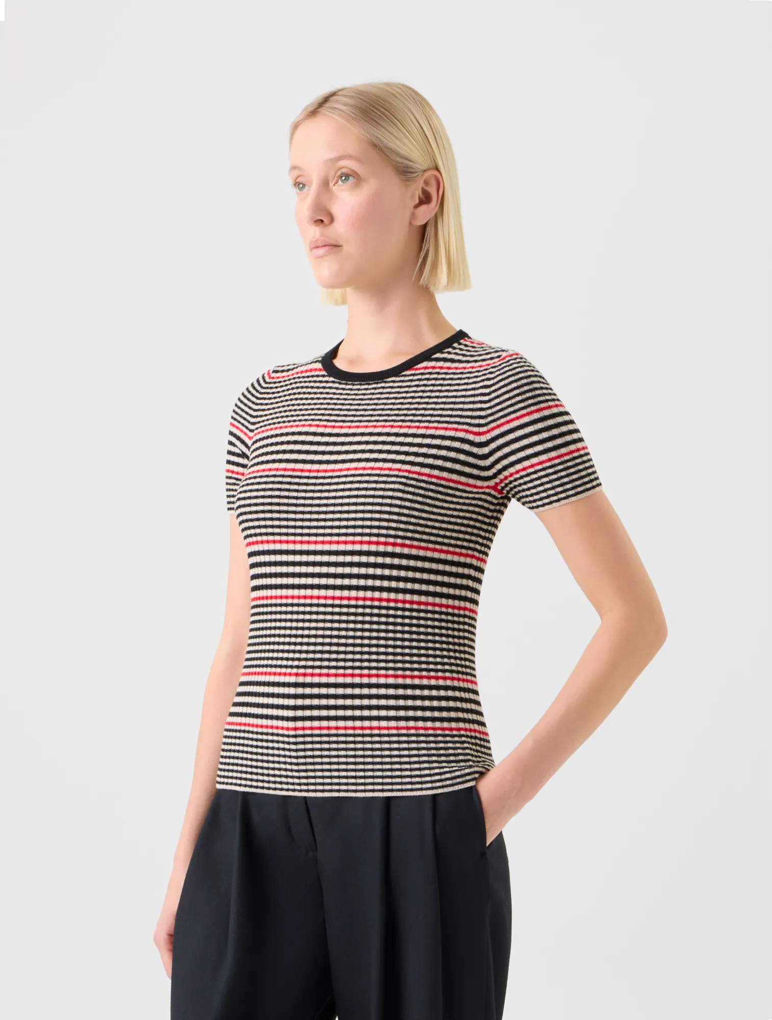 Fitted Short Sleeve Merino Rib Striped Sweater sold by Akris product image thumbnail 5