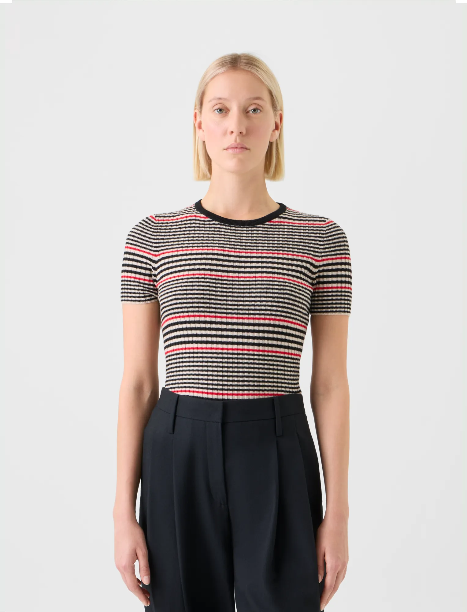 Fitted Short Sleeve Merino Rib Striped Sweater sold by Akris product image thumbnail 2
