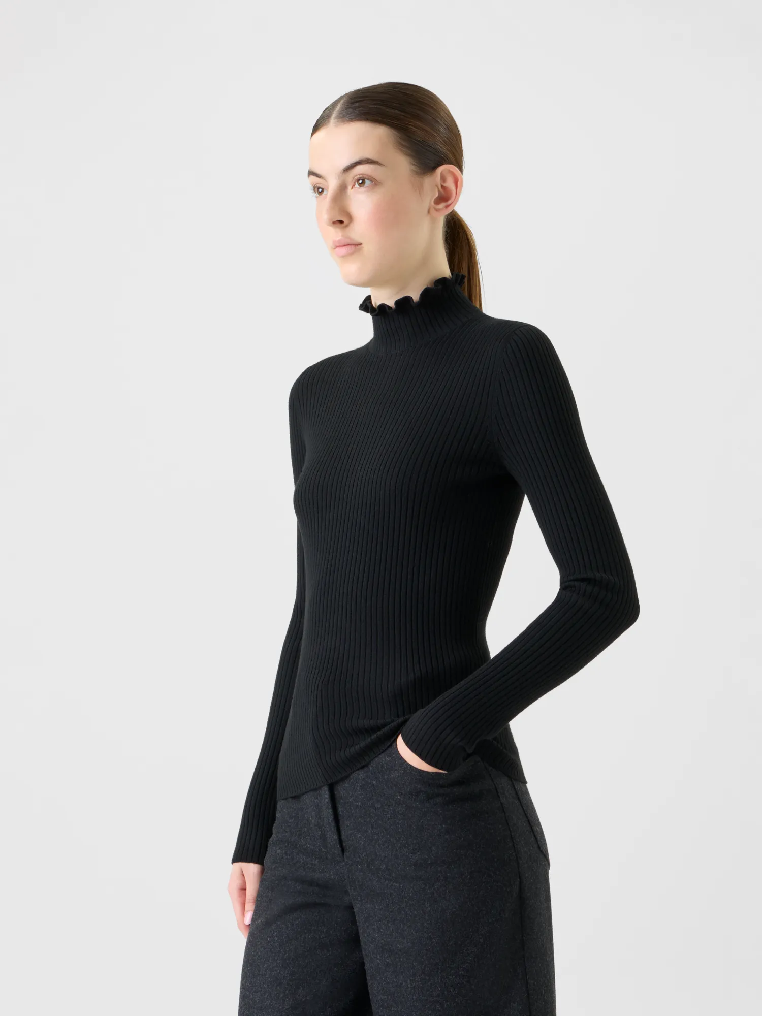 Merino Wool Knit Ruffle Mock Neck Sweater sold by Akris product image thumbnail 5