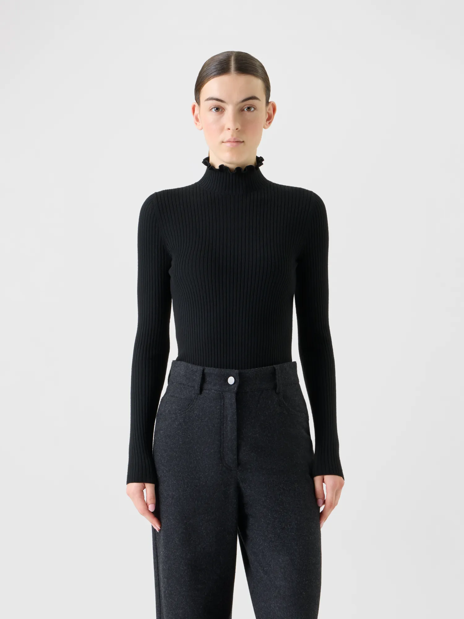 Merino Wool Knit Ruffle Mock Neck Sweater sold by Akris product image thumbnail 2