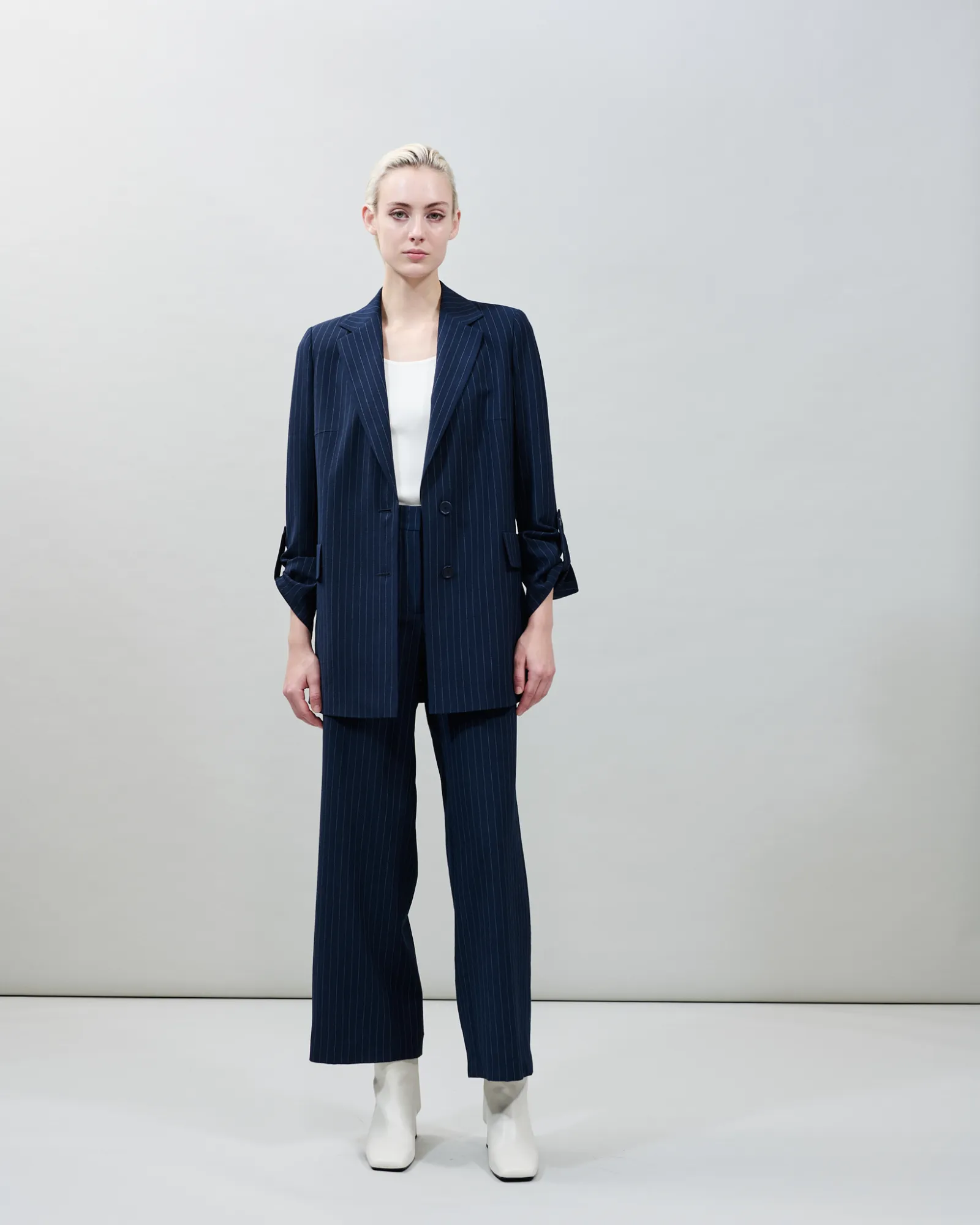 Relaxed Boyfriend Blazer in Striped Cool Wool sold by Akris product image thumbnail 2