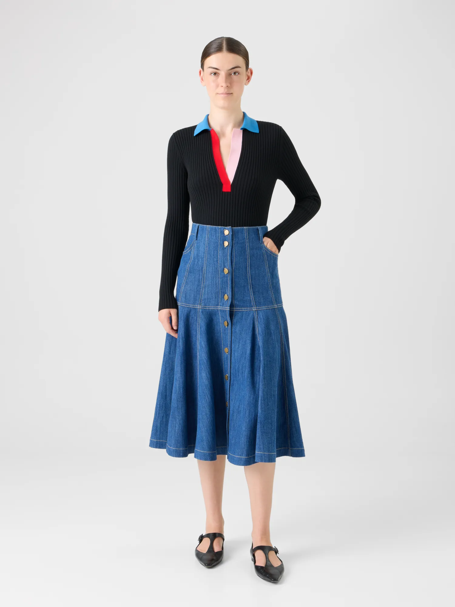 Cotton Denim Midi Skirt with Flared Hem sold by Akris product image thumbnail 2