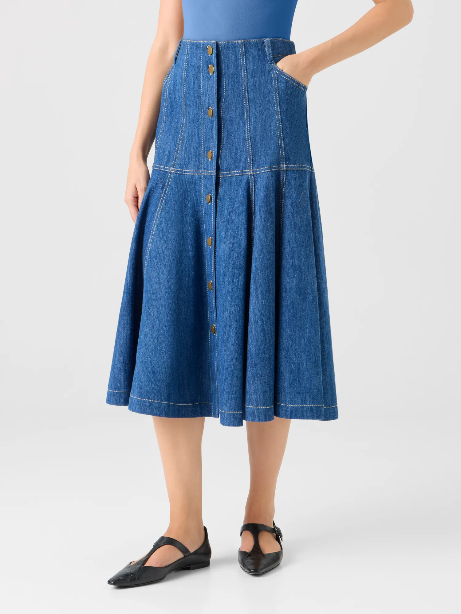 Cotton Denim Midi Skirt with Flared Hem sold by Akris product image thumbnail 4