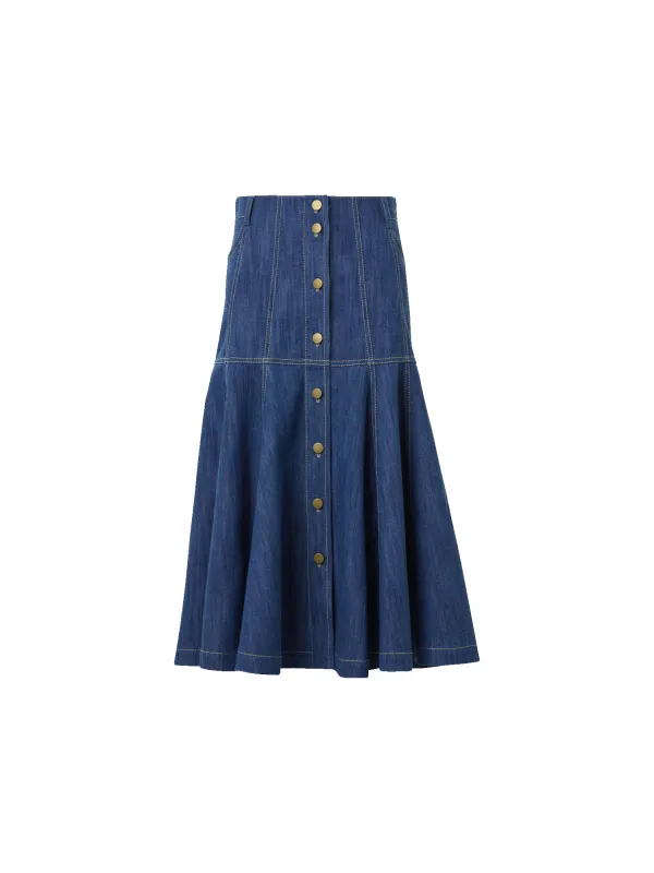 Cotton Denim Midi Skirt with Flared Hem made by Akris Punto