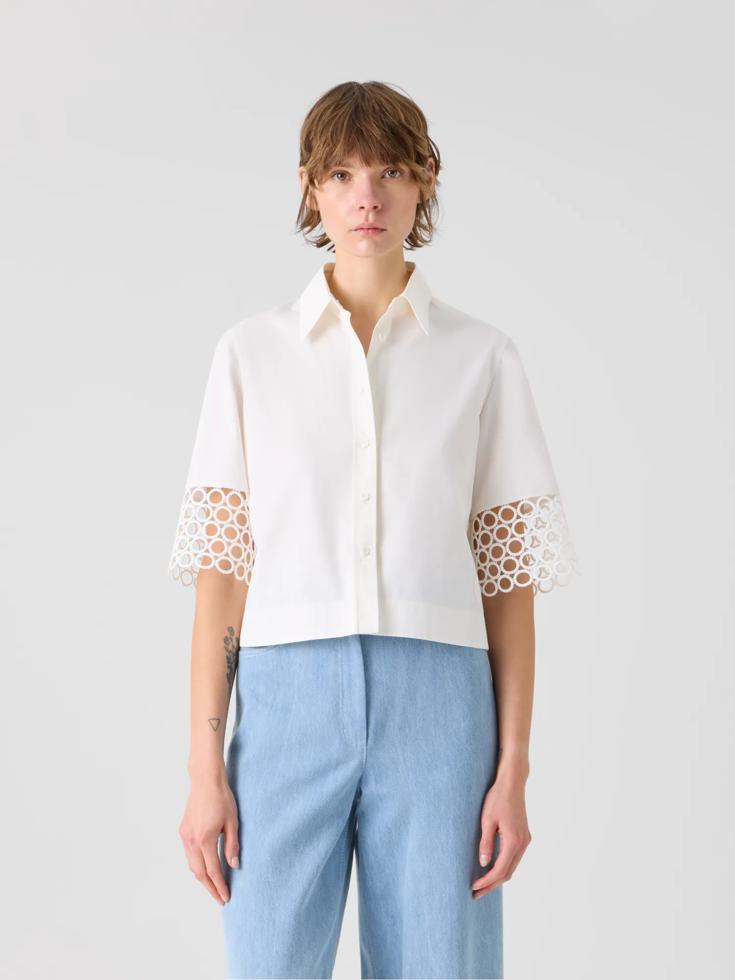 Cotton Boxy Blouse with Eyelet Guipure sold by Akris product image thumbnail 3