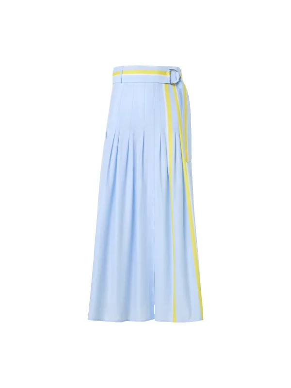 Pleated Striped Cotton Chambray Midi Skirt with Belt made by Akris Punto