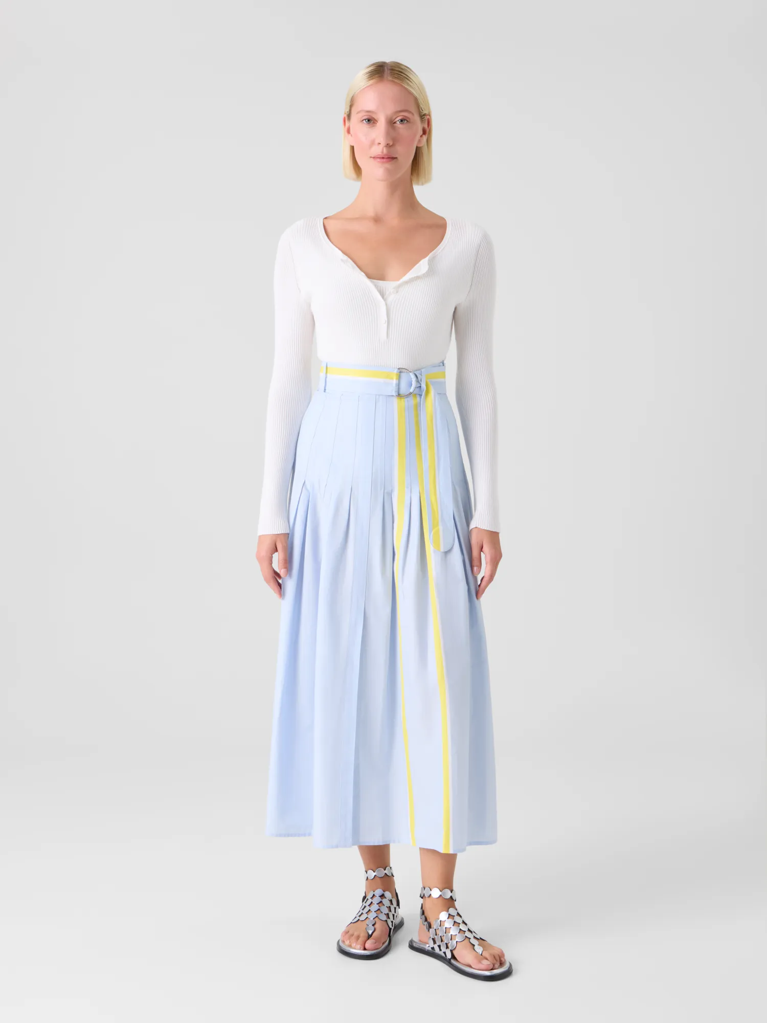 Pleated Striped Cotton Chambray Midi Skirt with Belt sold by Akris product image thumbnail 2