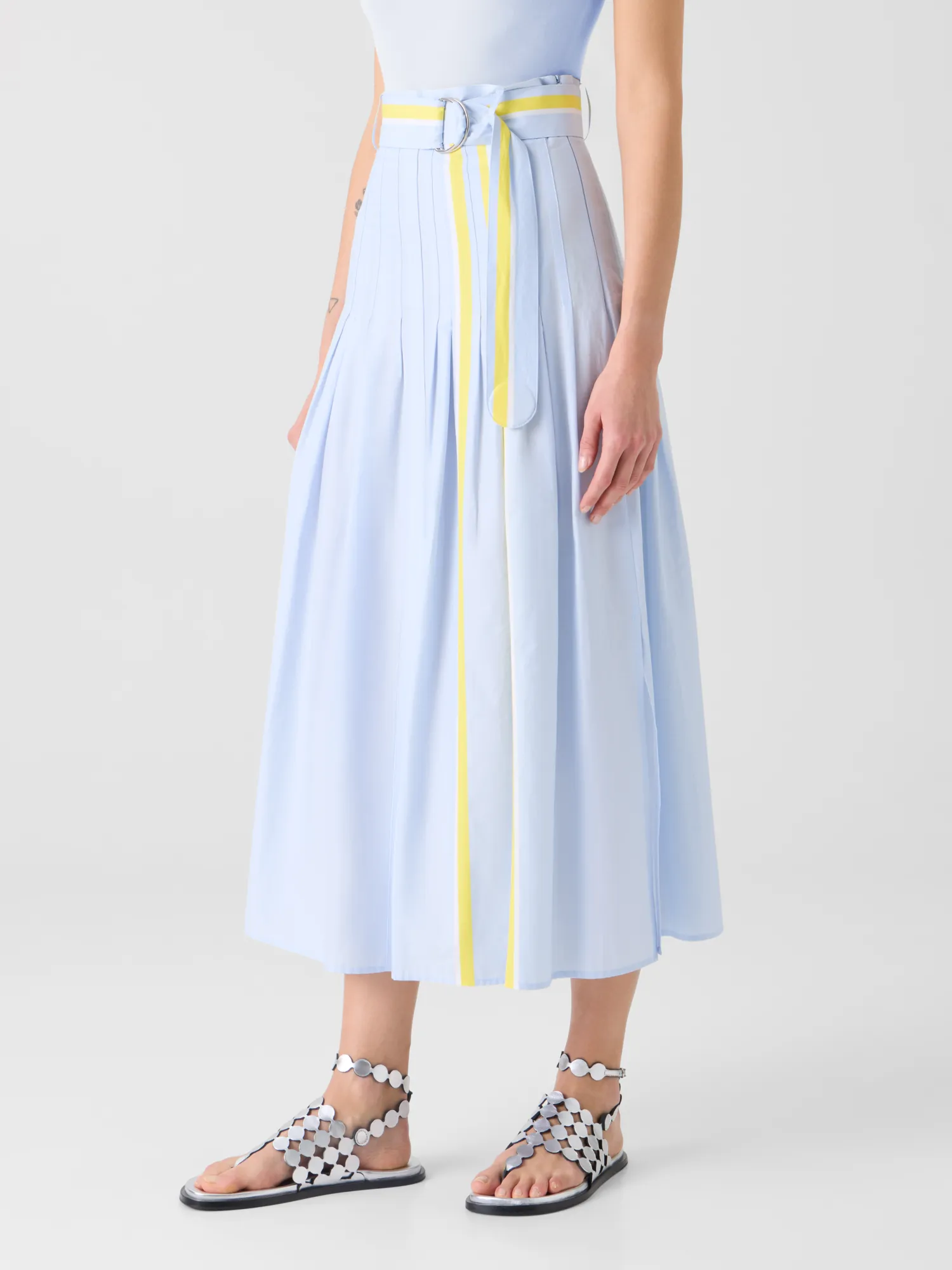 Pleated Striped Cotton Chambray Midi Skirt with Belt sold by Akris product image thumbnail 3