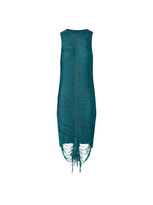 Sleeveless Fringe Drape Knit Sheath Dress in Silk made by Akris