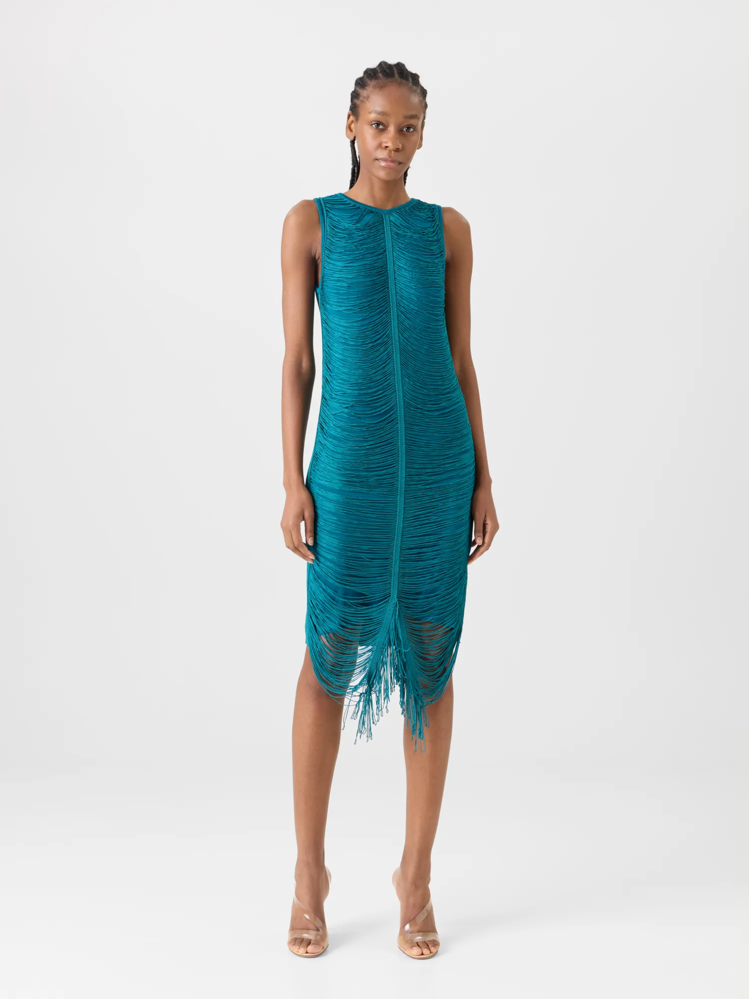 Sleeveless Fringe Drape Knit Sheath Dress in Silk sold by Akris product image thumbnail 2