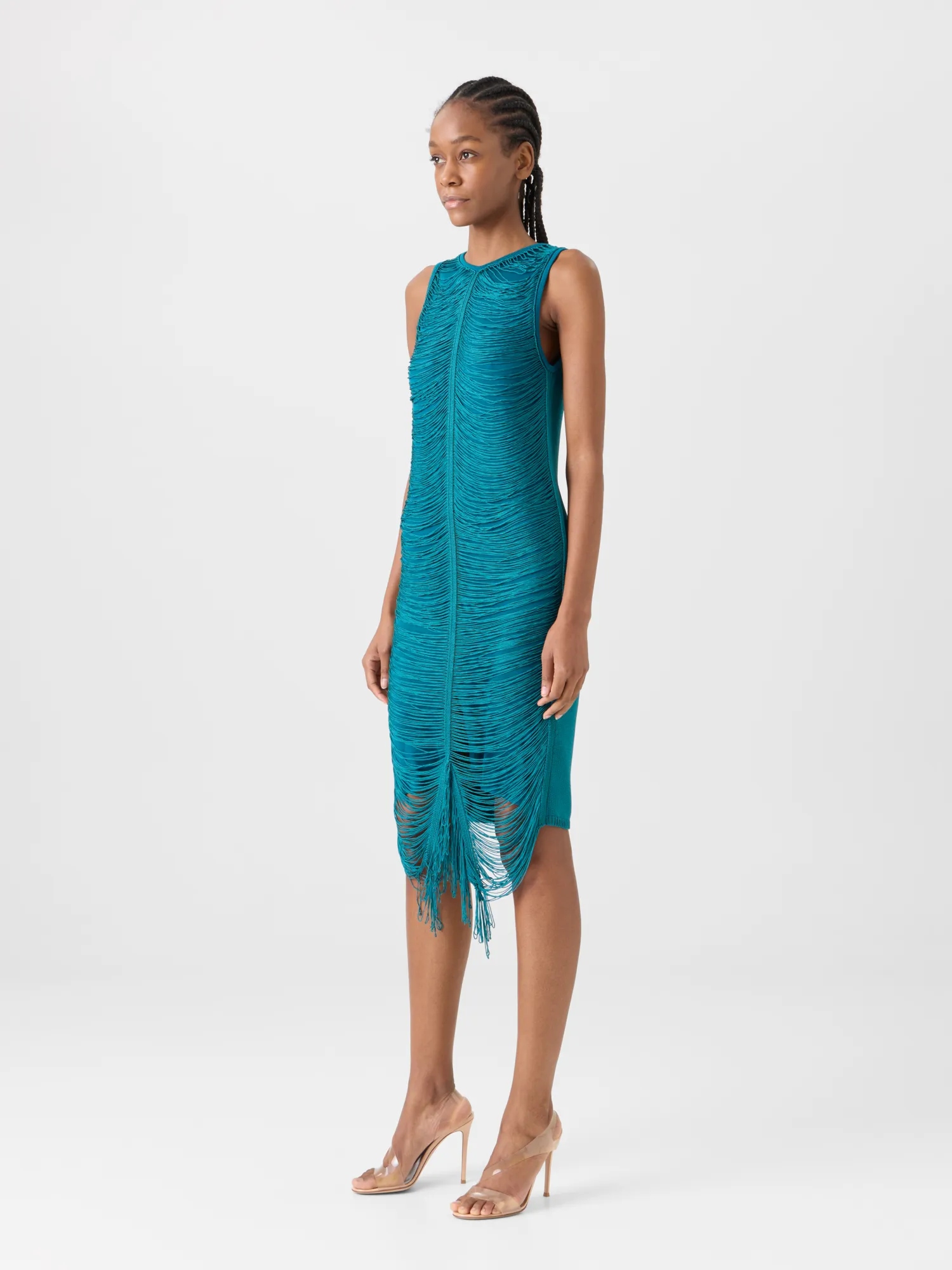 Sleeveless Fringe Drape Knit Sheath Dress in Silk sold by Akris product image thumbnail 4