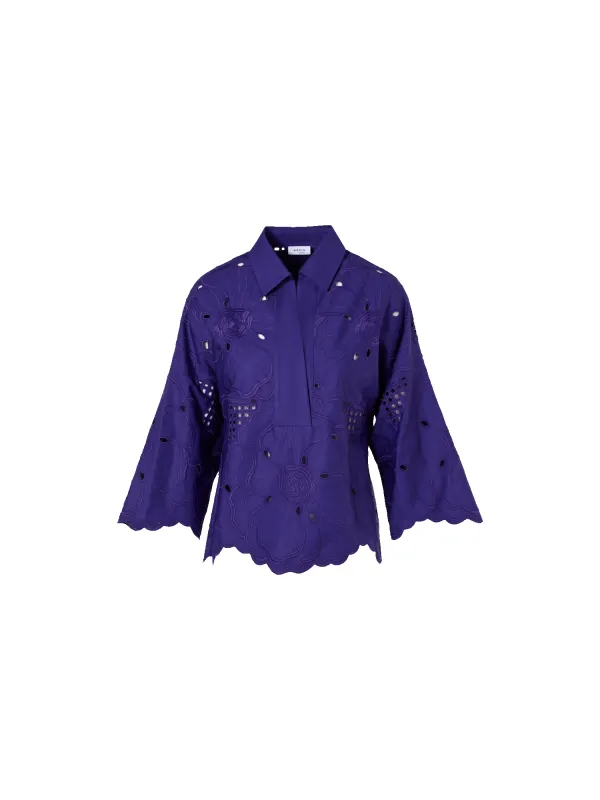 3/4-Sleeve Flower Eyelet Blouse made by Akris