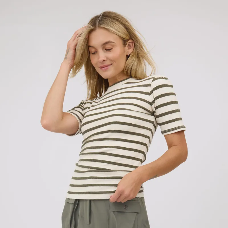 Puff Sleeve Tee, Olive and Cream Stripe sold by Albion