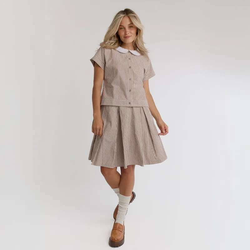 Pleated Skirt, Brown and White Stripe sold by Albion