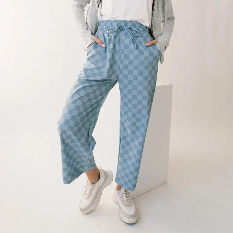 Audrey Wide Leg Pants, Blue Checkers sold by Albion